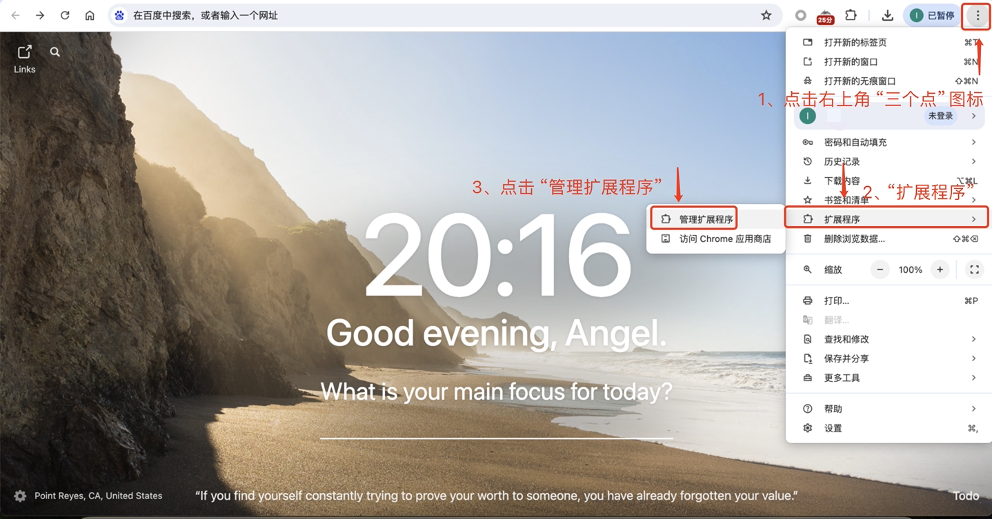 Chrome extensions menu